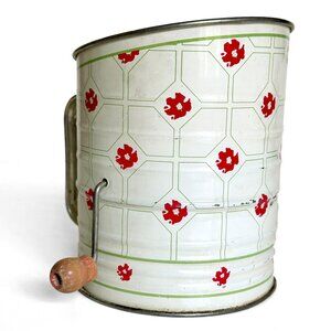 Vintage Flour Sifter in Metal with Wood Knob Painted with Red Flowers